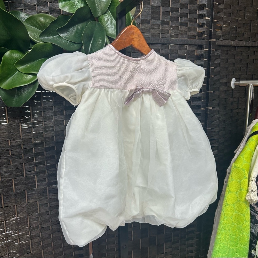 Dior White Baby Dress with Pink Smocked Yoke and Bow